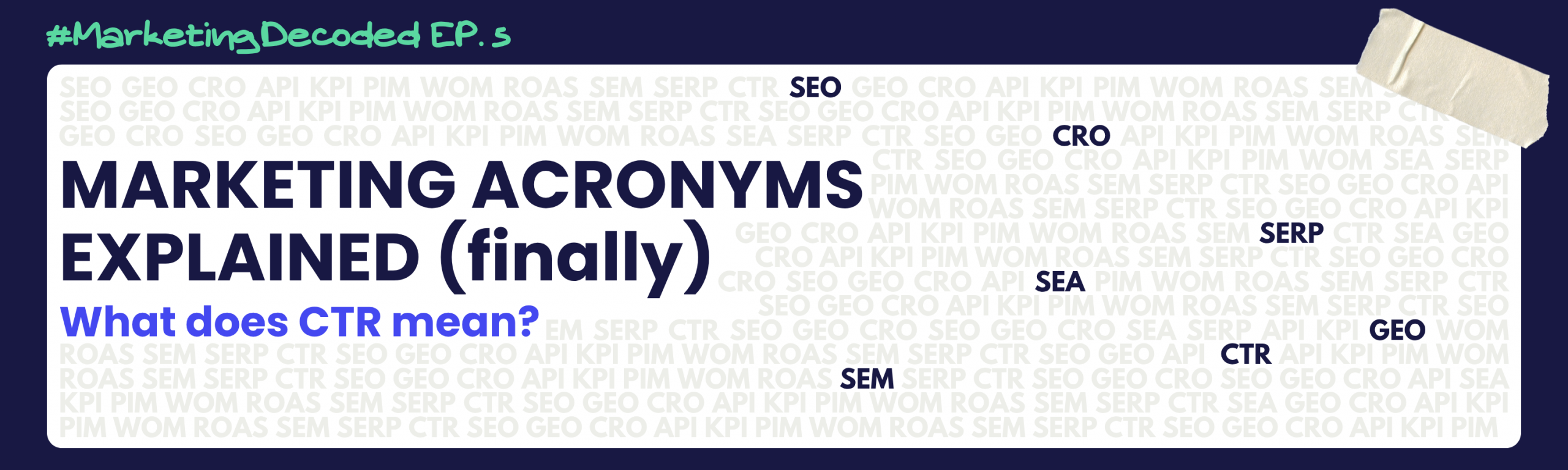 Light background filled with repeated marketing acronyms and a white paper note in the foreground, with the title “Marketing Acronyms Explained (Finally)” and the question “What does CTR mean?” at the bottom.